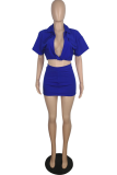 Blue Sexy Solid Patchwork Turndown Collar Short Sleeve Two Pieces