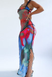 Red Sexy Print Patchwork Slit U Neck One Step Skirt Dresses
