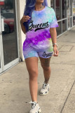 Pink Casual Letter Print Tie-dye O Neck Short Sleeve Two Pieces