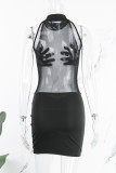 Black Sexy Solid Patchwork See-through O Neck Pencil Skirt Dresses