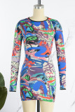 Colour Sexy Print Patchwork O Neck Pencil Skirt Dresses