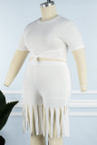 White Casual Solid Tassel Patchwork O Neck Plus Size Two Pieces