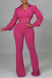 Rose Red Casual Solid Patchwork V Neck Long Sleeve Two Pieces