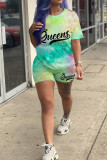 Pink Casual Letter Print Tie-dye O Neck Short Sleeve Two Pieces