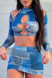 Blue Sexy Print Hollowed Out Patchwork Half A Turtleneck Long Sleeve Two Pieces