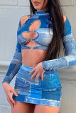 Blue Sexy Print Hollowed Out Patchwork Half A Turtleneck Long Sleeve Two Pieces