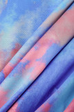 Blue Sexy Print Hollowed Out Patchwork See-through Backless O Neck Pencil Skirt Dresses