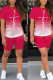 Rose Red Casual Gradual Change Print Patchwork O Neck Short Sleeve Two Pieces