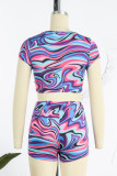 Multicolor Casual Print Basic O Neck Short Sleeve Two Pieces
