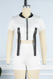 White Casual Solid Patchwork Zipper Collar Short Sleeve Two Pieces