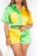 Green Yellow Casual Patchwork Contrast Shirt Collar Short Sleeve Two Pieces