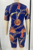 Blue Casual Print Patchwork O Neck Plus Size Two Pieces(No Mask)