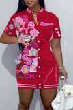 Rose Red Street Print Patchwork Buckle Mandarin Collar Straight Dresses