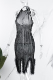 Black Sexy Patchwork Hot Drilling Bandage Backless Halter Sleeveless Dress Dresses