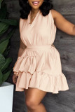 Watermelon Red Casual Sweet Solid Patchwork Flounce With Belt Asymmetrical V Neck A Line Dresses