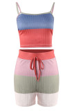 Blue Casual Print Patchwork Spaghetti Strap Sleeveless Three Pieces