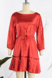 Orange Casual Solid Patchwork Fold O Neck Pleated Dresses