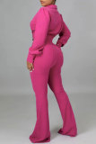 Rose Red Casual Solid Patchwork V Neck Long Sleeve Two Pieces