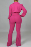 Rose Red Casual Solid Patchwork V Neck Long Sleeve Two Pieces