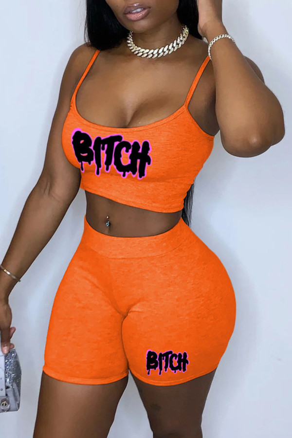 Orange Sexy Casual Print Backless Spaghetti Strap Sleeveless Two Pieces