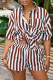Brown Casual Striped Patchwork Turndown Collar Short Sleeve Two Pieces