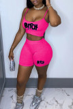 Rose Red Sexy Casual Print Backless Spaghetti Strap Sleeveless Two Pieces