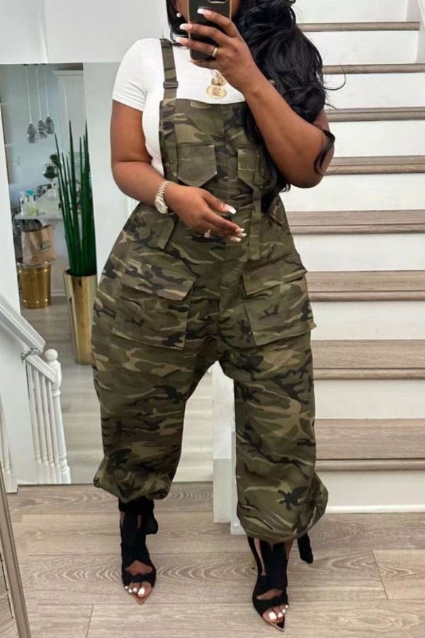 Army Green Casual Camouflage Print Patchwork Spaghetti Strap Regular Jumpsuits (Without T-shirt)