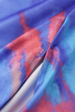 Blue Sexy Print Hollowed Out Patchwork See-through Backless O Neck Pencil Skirt Dresses