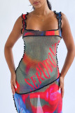 Red Sexy Print Patchwork Slit U Neck One Step Skirt Dresses