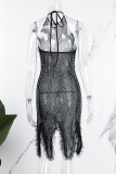 Black Sexy Patchwork Hot Drilling Bandage Backless Halter Sleeveless Dress Dresses