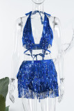 Blue Sexy Solid Tassel Sequins Patchwork 3 Piece Sets