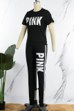 Pink Casual Sportswear Letter Print Patchwork O Neck Short Sleeve Two Pieces