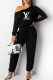 Black Street Print Letter Oblique Collar Loose Jumpsuits