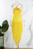 Yellow Sexy Solid Tassel Patchwork Backless Spaghetti Strap Irregular Dress Dresses