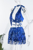 Blue Sexy Solid Tassel Sequins Patchwork 3 Piece Sets
