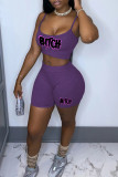 Rose Red Sexy Casual Print Backless Spaghetti Strap Sleeveless Two Pieces