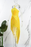 Yellow Sexy Solid Tassel Patchwork Backless Spaghetti Strap Irregular Dress Dresses