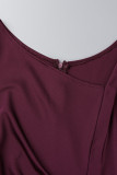 Burgundy Elegant Solid Patchwork Asymmetrical Collar One Step Skirt Dresses