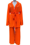 Orange Casual Solid Bandage Patchwork Fold Turndown Collar Long Sleeve Two Pieces