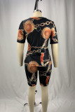 Black Casual Print Patchwork O Neck Plus Size Two Pieces(No Mask)
