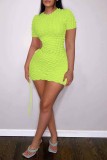 Fluorescent Green Casual Solid Hollowed Out O Neck Short Sleeve Dress