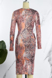 Snake Print Casual Print Hollowed Out O Neck Long Sleeve Dresses