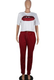 Maroon Fashion Active adult Ma'am Letter Print contrast color Two Piece Suits pencil Short Sleeve Two Pieces