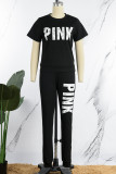 Pink Casual Sportswear Letter Print Patchwork O Neck Short Sleeve Two Pieces