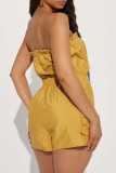 Khaki Casual Solid Patchwork Backless Strapless Sleeveles Romper