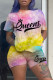 Pink Casual Letter Print Tie-dye O Neck Short Sleeve Two Pieces