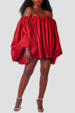 Red Sexy Solid Patchwork Off the Shoulder Lantern Skirt Dresses(Subject to the Actual Object)
