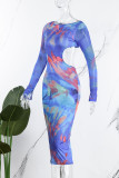 Blue Sexy Print Hollowed Out Patchwork See-through Backless O Neck Pencil Skirt Dresses
