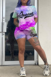 Pink Casual Letter Print Tie-dye O Neck Short Sleeve Two Pieces
