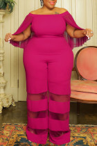 Rose Red Street Solid Patchwork Off the Shoulder Plus Size Jumpsuits